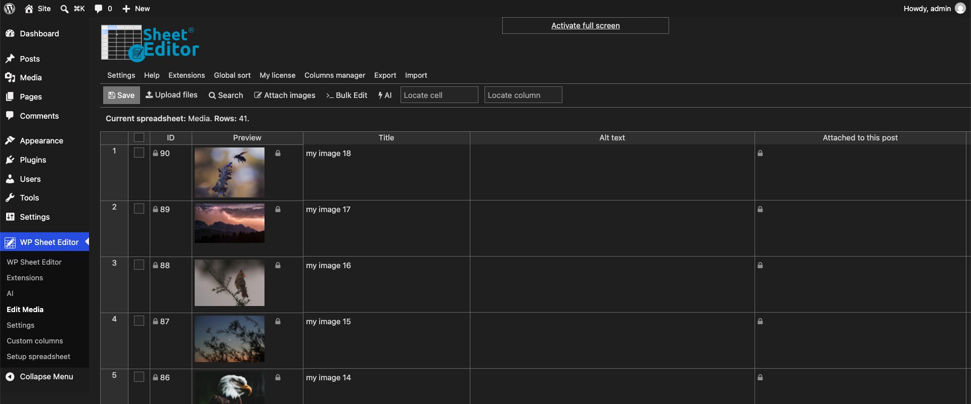 WordPress Media Library spreadsheet showing image files and the Alt Text column