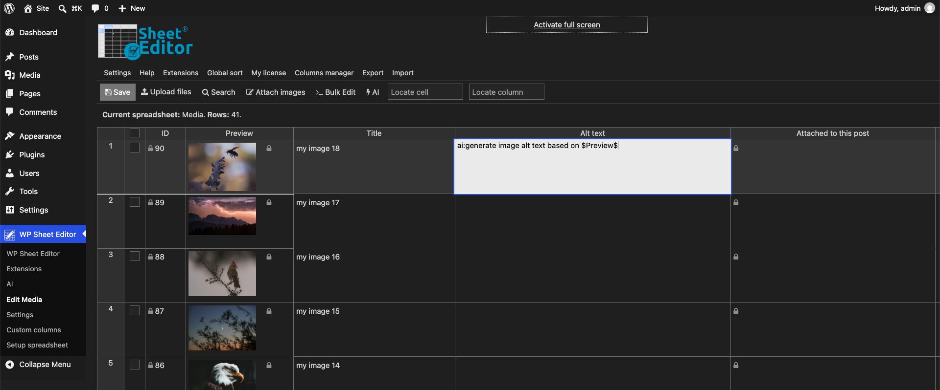 WP Sheet Editor spreadsheet showing how to generate image alt text with an AI prompt