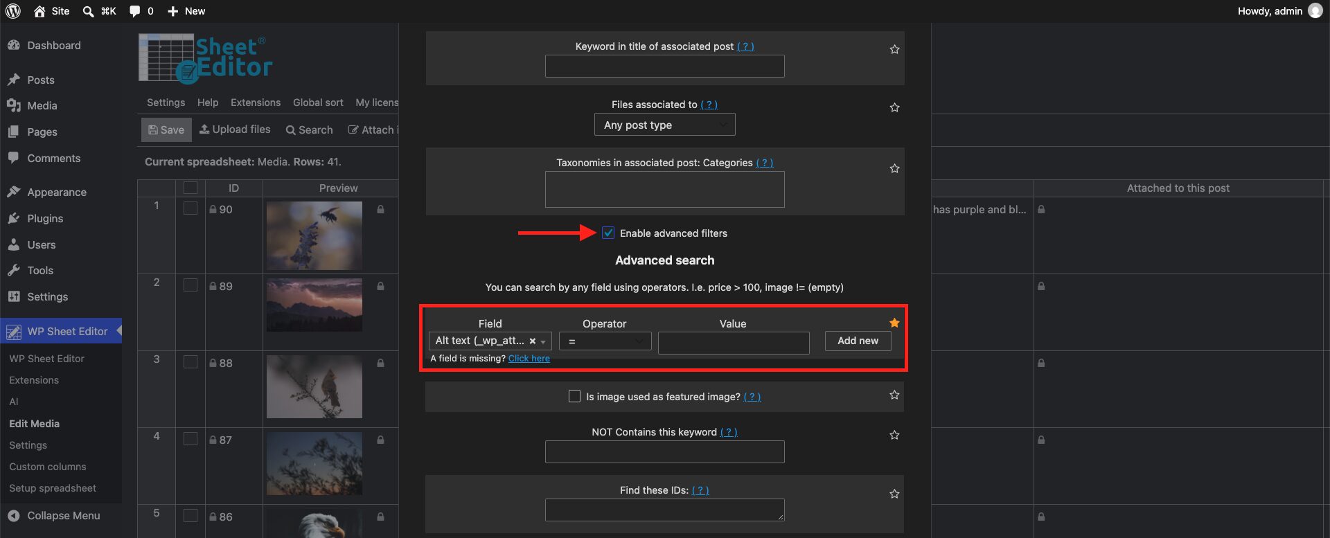 WP Sheet Editor Search tool filtering images with empty Alt Text fields