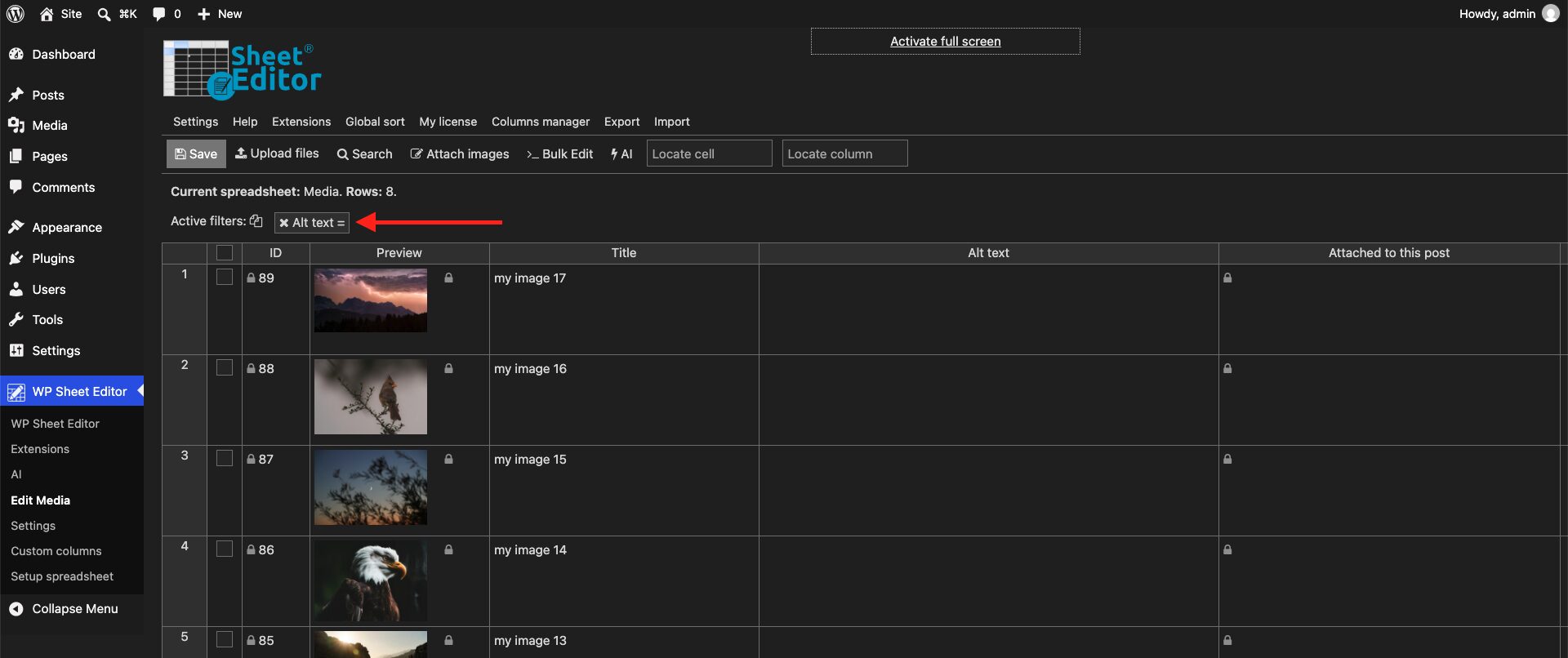 WordPress Media Library spreadsheet filtered to images without alt text