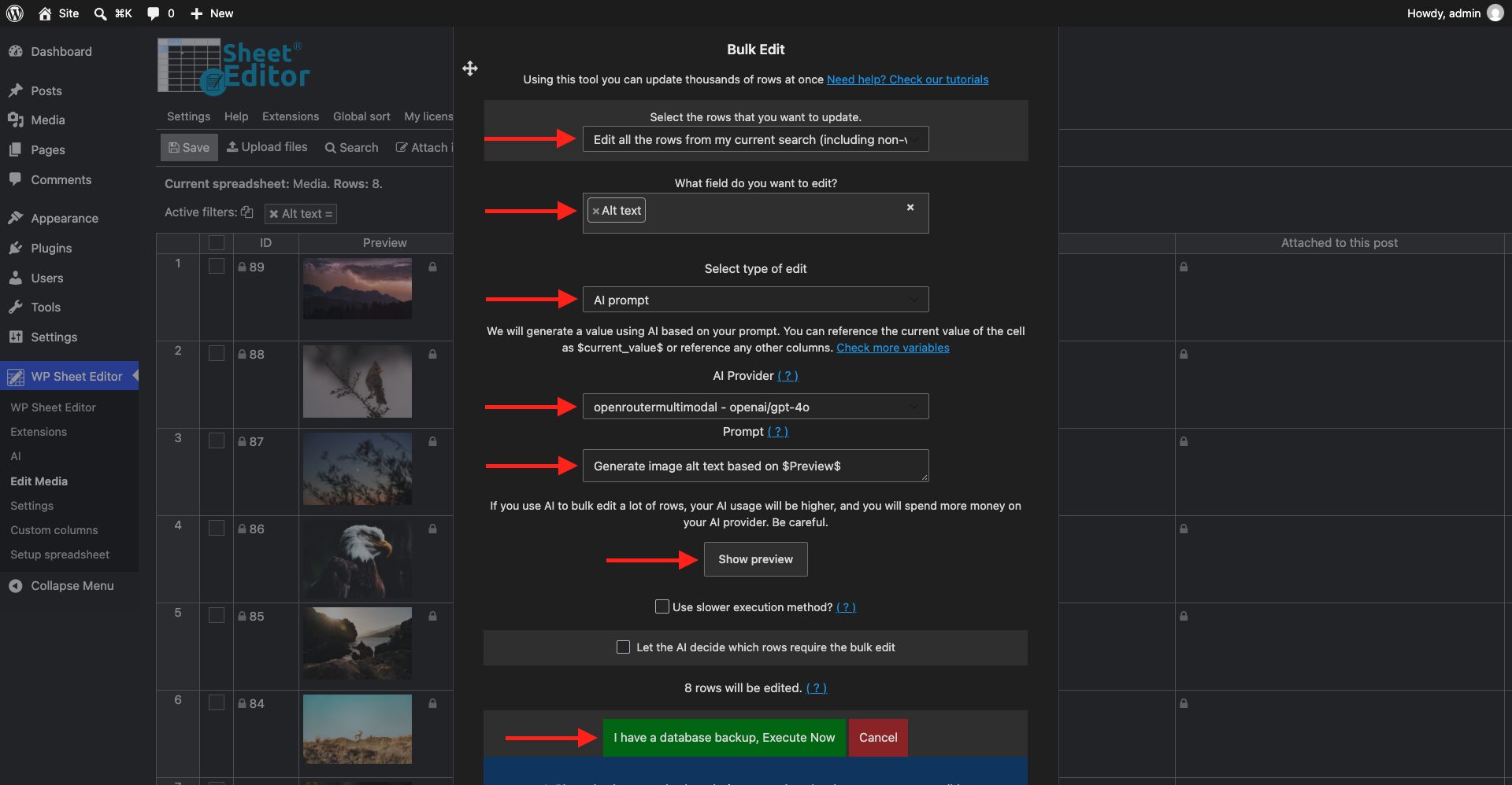WP Sheet Editor Bulk Edit settings for generating alt text with an AI prompt