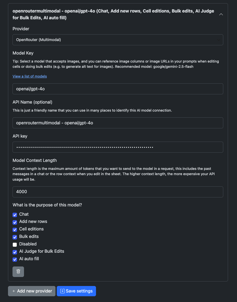 WP Sheet Editor AI provider settings with OpenAI and multimodal model options