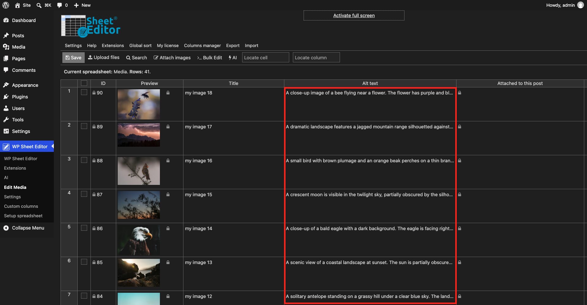 WordPress images with AI-generated alt text in the Media Library spreadsheet