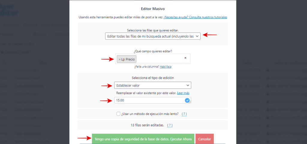 LearnPress cómo cambiar precios de cursos masivamente