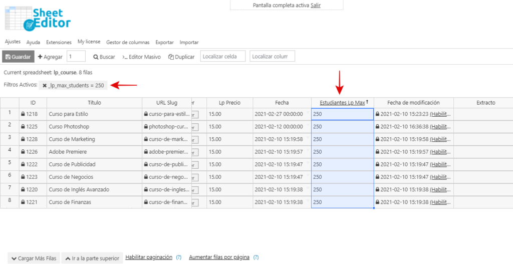 LearnPress editar número máximo de estudiantes
