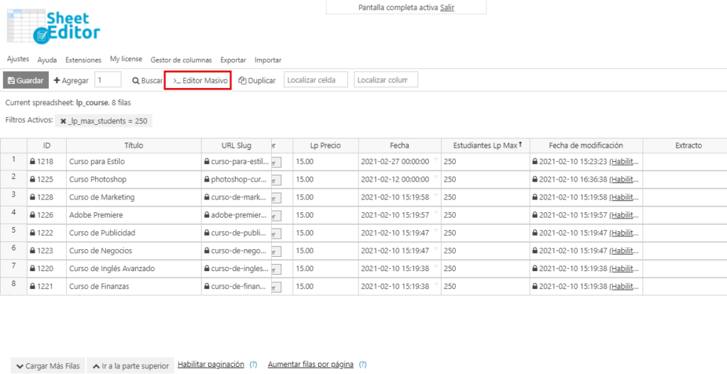 LearnPress editar número máximo de estudiantes